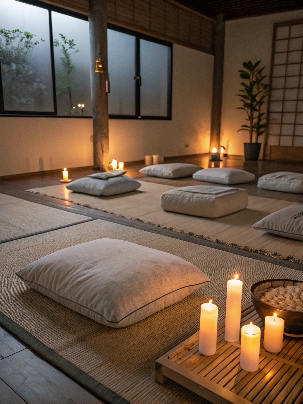 En perfekt förberedd meditationsmiljö med kuddar, levande ljus och dämpad belysning